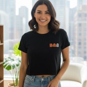 Halloween Womens Y2K Cropped Top Size L Black Orange Bling Sequins Ghost Novelty